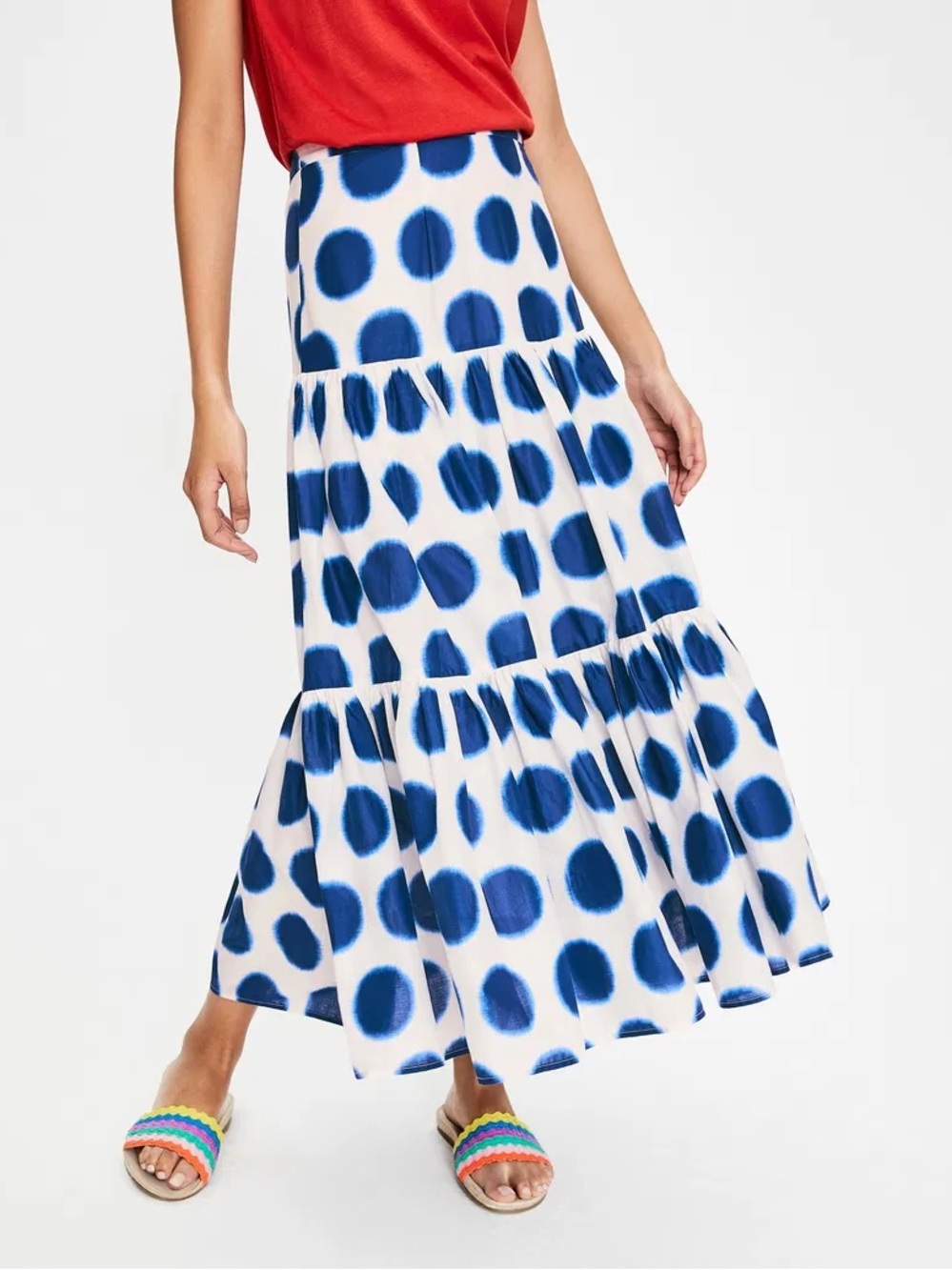 Boden Tamara Tiered Maxi Skirt Blue Polka Dot Cotton Lined Size 8